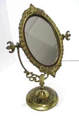 Vintage Metal Pedestal Vanity Mirror Ornate Oval Tabletop Swivel 12” READ - Image 1 of 4