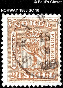 NORWAY 1863 SC 10 LION & CROWN 24s BROWN CRISSCROSSED LINES UNG PM 1864 F/VF - Picture 1 of 2