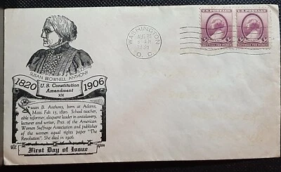 (USA-217) USA 1936 FDC #784 SUSAN B. ANTHONY WASHINGTON 3c PAIR addressed - Image 1 of 2
