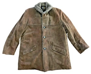 Vintage 1970s Robert Lewis Brown Suede Leather Faux Fur Disco Ranch Over Coat 44 - Picture 1 of 12