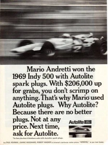 Impresión publicitaria pieza de coche anuncio bujía Autolite Mario Andretti 1969 Indy 500 - Imagen 1 de 1