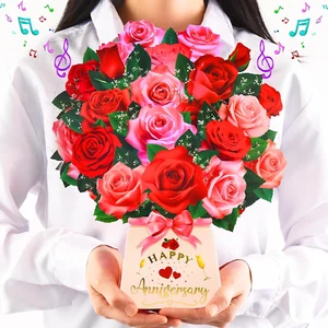 Pop up Anniversary Card with Lights & Music, 12 Inch Paper Rose Bouquet Greeting - Picture 1 of 12