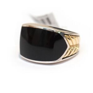 NWT DAVID YURMAN Men's Chevron Signet Inlay Ring in Black Onyx, Silver, Gold 10
