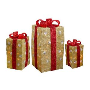 Northlight 3-Pc. 18" Lighted Tall Gold Sisal Gift Boxes with Bows Christmas