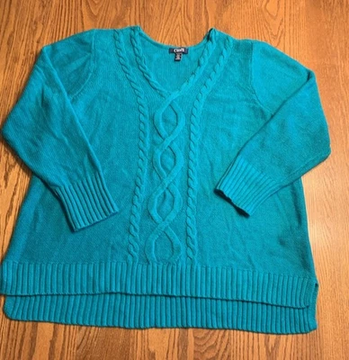 Suéter CHAPS para mujer PLUS cuello en V L/S tejido con cable verde azulado 2x guc Foto 1 de 4