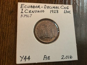 ECUADOR - Un Centavo 1928 - Km-67 - Beautifully Toned Uncirculated Coin! - Picture 1 of 2