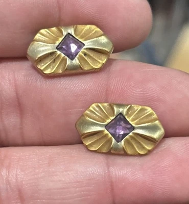 Antique Cufflinks Gold Tone Bean Back Victorian Style Purple Crystal Gold Plate - Image 1 of 4