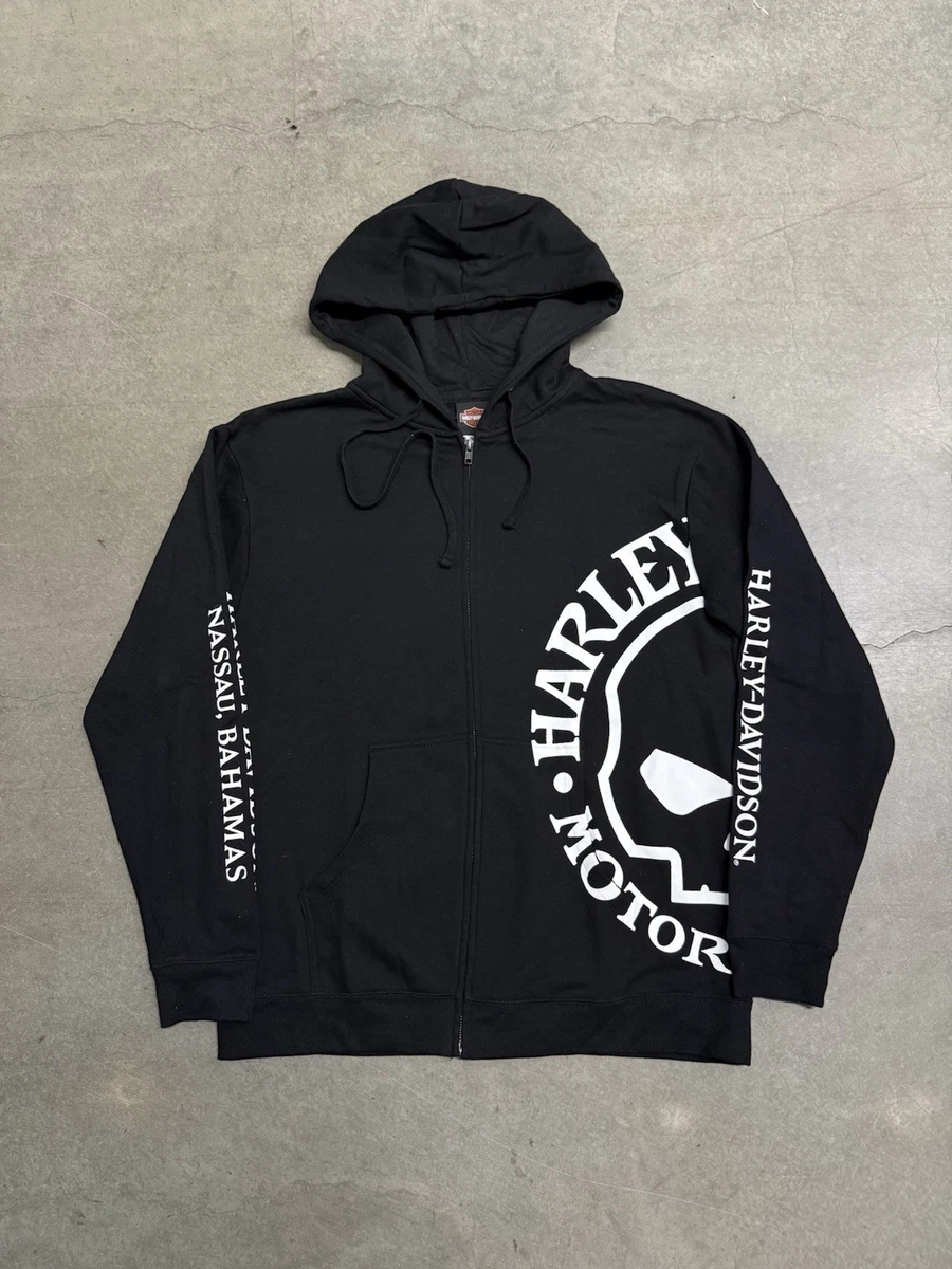 Harley-Davidson Men's Ghoulish Skull Zip-Up Hoodie - Black Cotton Blend Hoodie With Skull & Eagle Graphic