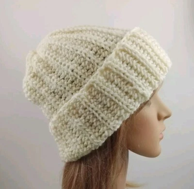 Winter Hat Beanie Handmade Pure Wool Cream White Crochet Knit Men's Women's Teen - image 1 of 4
