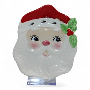 Vintage Ceramic Santa Claus Face Candy Dish With Holly & Red Hat - Picture 1 of 3