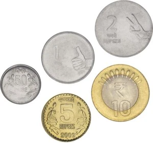 India set of 5 coins 2008-2009 UNC 50 paisa, 1, 2, 5, 10 rupees - Picture 1 of 2