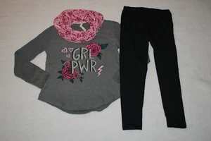 Girls 3 Pc Set GRAY "GRL PWR" L/S SHIRT Pink Roses BLACK LEGGINGS Scarf M 7-8 - Picture 1 of 2