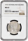 Netherlands 1 gulden 1915, NGC MS63, "Queen Wilhelmina (1890 - 1948)" Top Pop