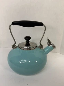 CHANTAL Whistling Tea KETTLE 2 Quart Turquoise Aqua Black On Silver Teapot - Picture 1 of 11