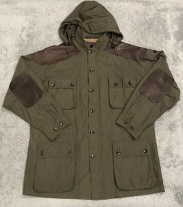 Vintage Charles F Orvis Herren L Lederbesatz Feldjacke Scheune Safari Jagd Mantel - Bild 1 von 11