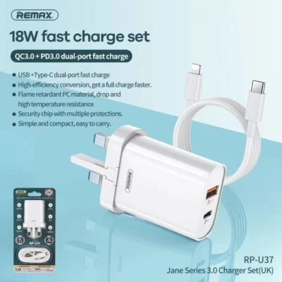 Remax PD 18W QC 3.0 Fast Charger Power Adapter Charging Cable For iPhone Samsung - Image 1 of 4