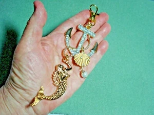 6 1/2" Drop Mermaid, Anchor, Shell, Rhinestone & Faux Pearl Key Ring Glitz - Picture 1 of 8