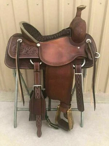 Western D Braunes Leder Hand carved Roper Ranch Sattel: 25.4cm - 45.7cm - Picture 1 of 1