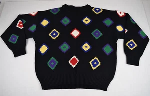 Sweater VTG Pierre Cardin 70s 80s Color Pop Diamonds Black Crew Neck Sz L - Picture 1 of 8