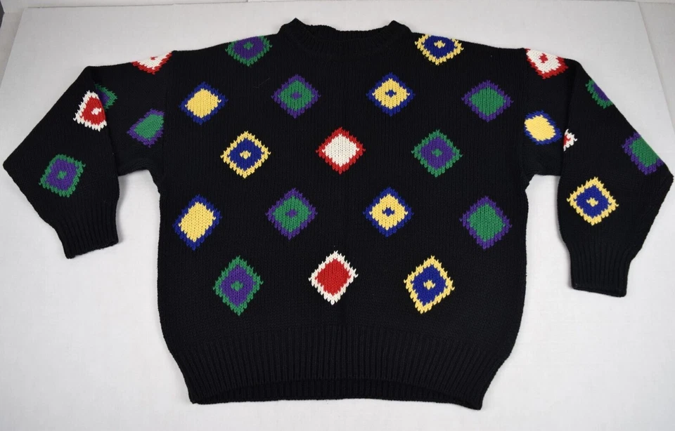 Vintage Sweater Pierre Cardin Size L 70s 80s Color Pop Diamonds Black Crew Neck - Image 1 of 4