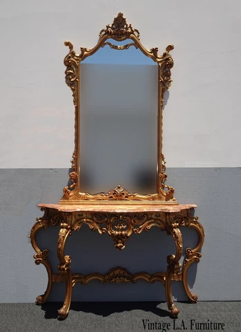 Vintage French Louis XV Baroque Rococo Gold Ornate Marble Console Table & Mirror Cover
