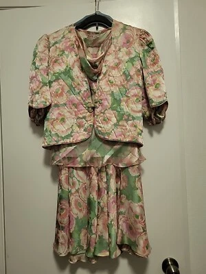 Judy Hornby Coture Vintage Silk Skirt Set Floral Pastel Pink Grèen Size 4 - Image 1 of 4