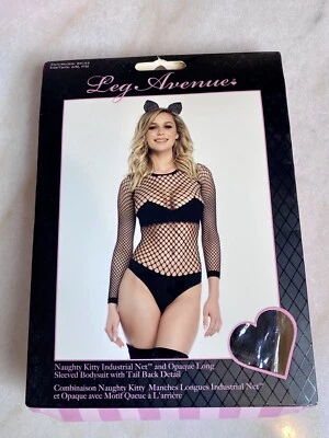 Leg Avenue Black Fishnet Lingerie Peça Única Bodysuit Kitty Fantasia de Halloween P/M - Imagem 1 de 2
