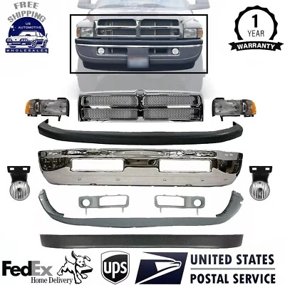 New Front Bumper Chrome & Headlight Kit For 1994-2002 Dodge Ram 1500 2500 3500 Foto 1 de 4