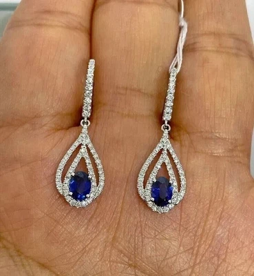 2Ct Oval Cut Lab-Created Blue Sapphire Drop/Dangle Earrings 14kWhite Gold Plated - Image 1 of 4