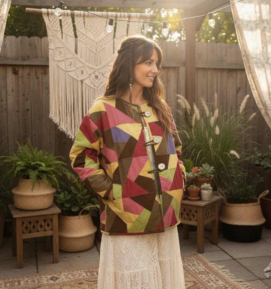 Abrigo chaqueta de gamuza vintage de retazos hechos a mano para mujer XL. Bloque de color boho artístico Foto 1 de 4