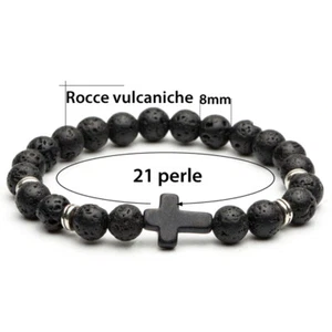 ROCK BRACCIALE PIETRA LAVICA NERO 8MM ROCCIA CROCE PERLINE GESU DONNA uw - Foto 1 di 8