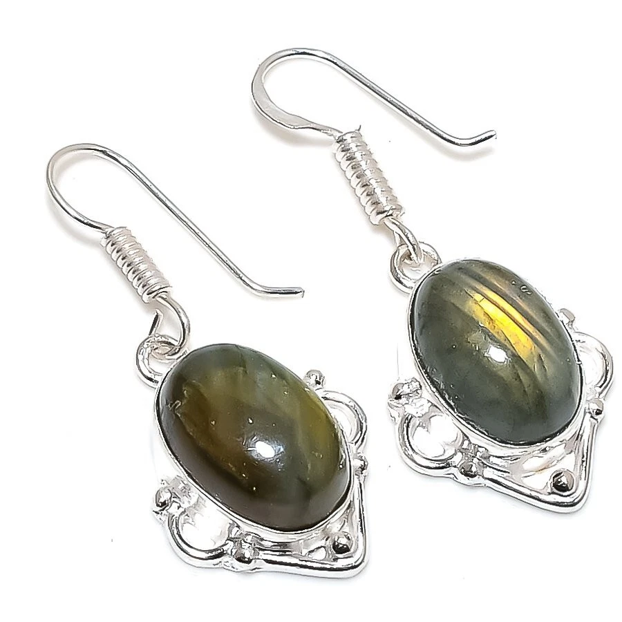 Fire Labradorite Gemstone Handmade 925 Sterling Silver Jewelry  Earring Sz 1.25" - Image 1 of 1