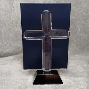 Crystal Cross with Black Glass Base Award Throphy Memorial Gift Velvet Lined Box - Picture 1 of 23