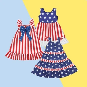 American Patriotic Toddler Girls Sister Red White Blue Striped Stars Dress - Picture 1 of 8