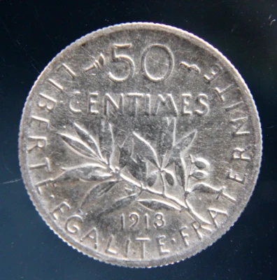 França, 50 centavos, 1918, moeda de prata, #2 - Imagem 1 de 2