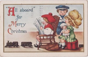 1916 Postcard All Aboard for Merry Christmas Children Playing Train Embossed - Picture 1 of 2