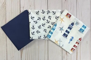 Juego de 3 anclajes de faro náuticos de tela FQ Fat Quarters azul marino 100 % algodón - Imagen 1 de 4