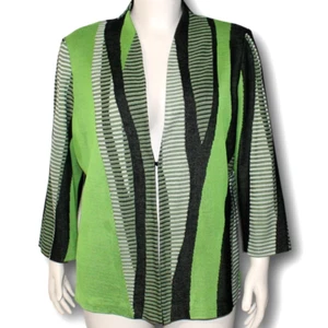 MING WANG apfelgrüne Strickjacke Übergröße 1X Haken vorne schwarz weiß geometrisch - Bild 1 von 6