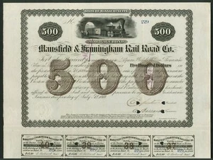 USA: Mansfield & Framingham Rail Road Co., mortgage bond for $500, 1869 - Picture 1 of 1