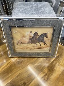 CRUSHED DIAMOND HORSE PICTURE CRYSTAL TRAVELLER LIQUID ART WALL HUNG 55x45 cms