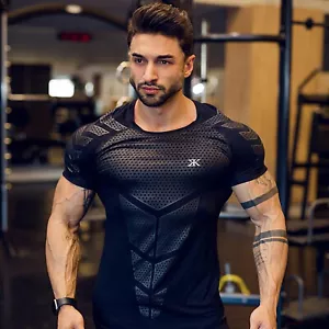2023 Men Compression Slim Fit Top Short Sleeve Gym T-Shirt Running Fitness Sport - Picture 1 of 19