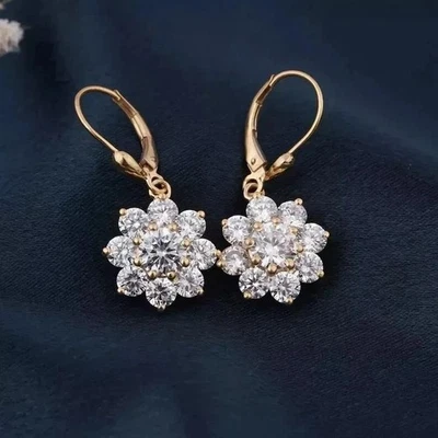 2 Ct Round Simulated Diamond Flower Drop /Dangle Earring 14K Yellow Gold Plated - Image 1 of 4