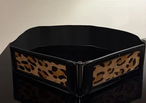 animal print belt womens leather Stretch 33" Length 3" Width Black Leopard - Picture 1 of 10