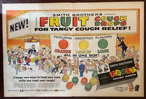 1958 Smith Brothers Fruchthustentropfen Vintage 2-seitiger Druck Werbung Orange Zitrone Limette - Bild 1 von 1