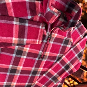 Eddie Bauer Pullover Women L Plaid Fleece 1/4 Zip Sweater Red Multi Western Hike - Picture 1 of 9