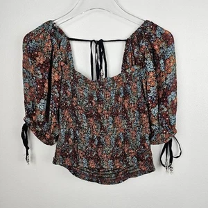 Free People Floral Smocked Puff Sleeve Crop Top NWT Small - Picture 1 of 14