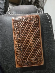 Ariat Western Tooled Overlay Rodeo Mens Wallet Brown Leather Embossed, QQ - Picture 1 of 5