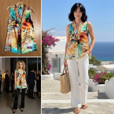 Blusa túnica LAPIS tropical de vacaciones M satinada sin mangas atada cuello en V abstracta Foto 1 de 4