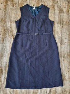 Vintage Navy Blue Pinstriped Smart Dress, Belted, Part Zip, Size 20 22 40" Waist - Picture 1 of 10