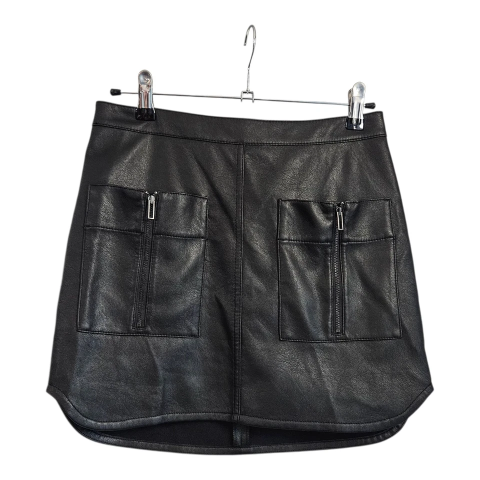 Falda Sabrina BCBG Maxazria Cuero Vegano Negra Talla XXS Bolsillos Cremallera Acentos Foto 1 de 4